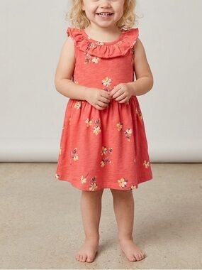 Gap Girls Bright Coral Floral Dress with Ruffle Neckline, Sz. 12-18m